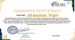 ,,Aran Media Group “un başkanı Şeyda Əzizqızı tərəfindən Jurnalist AbdullahYiğit’ə Təşəkkürnamə təqdim olundu