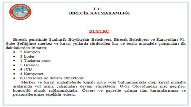 BİRECİK KAYMAKAMLIĞINDAN DUYURU