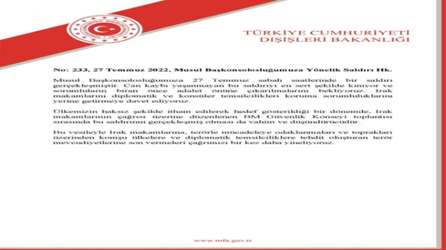 Musul Başkonsolosluğumuza Yönelik Saldırı Hk.