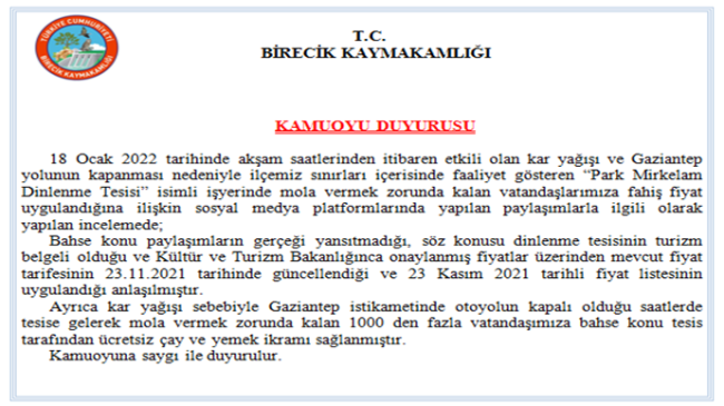 Birecik Kaymakamlığından Kamuoyu Duyurusu