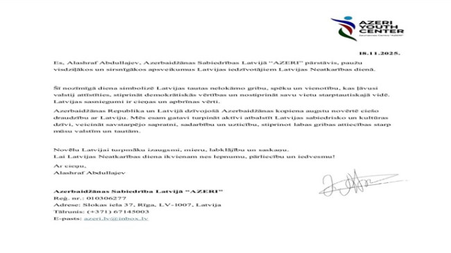 Soydaşımızın Latviyanın Müstəqillik Günü münasibətilə təbriki