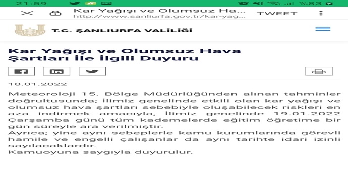 Kar Yağışı ve Olumsuz Hava Şartları İle İlgili Duyuru