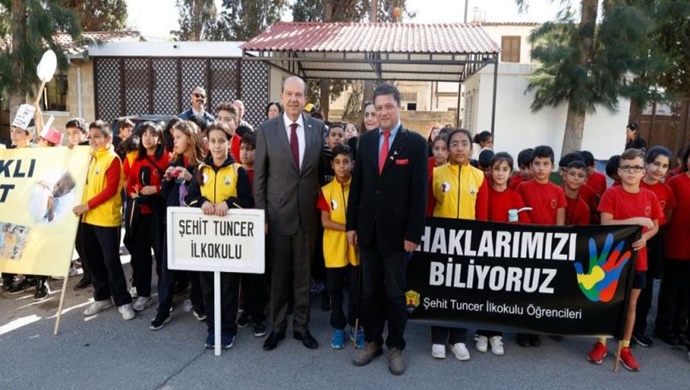 Şht. Tuncer İlkokulu müdür, öğretmen ve öğrencileri Cumhurbaşkanı Ersin Tatar’ı ziyaret etti