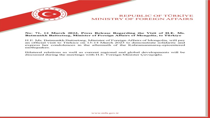 Press Release Regarding the Visit of H.E. Ms. Batmunkh Battsetseg, Minister of Foreign Affairs of Mongolia, to Türkiye